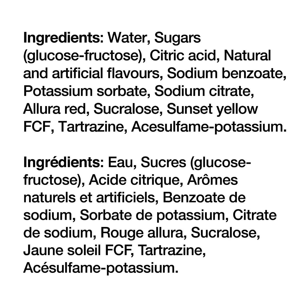 List of ingredients for Starburst Freeze Pops, 96 x 54ml/1.9 fl. oz with a white background.