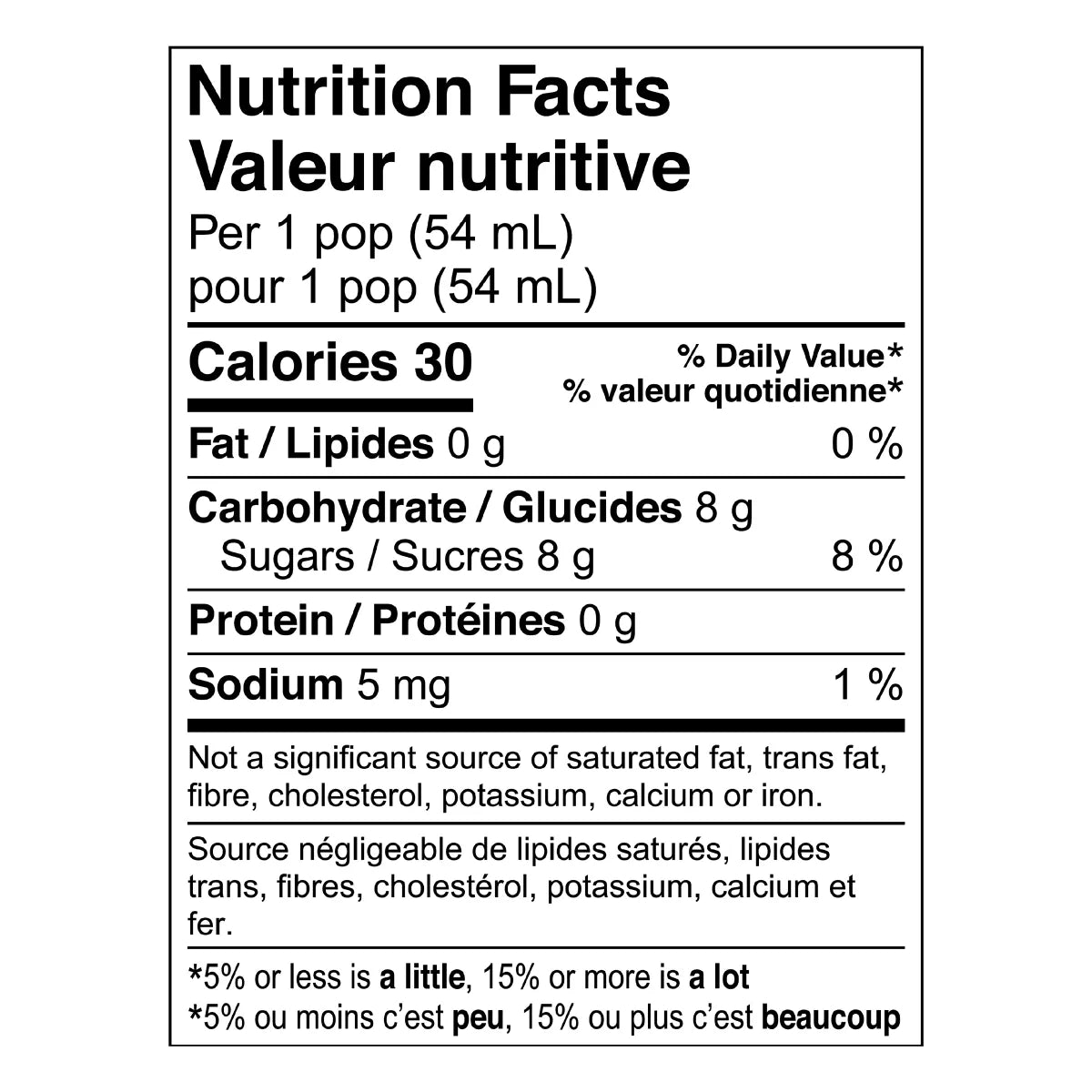 Nutrition facts label for a 54 mL serving size of Starburst Freeze Pops, 96 x 54ml/1.9 fl. oz