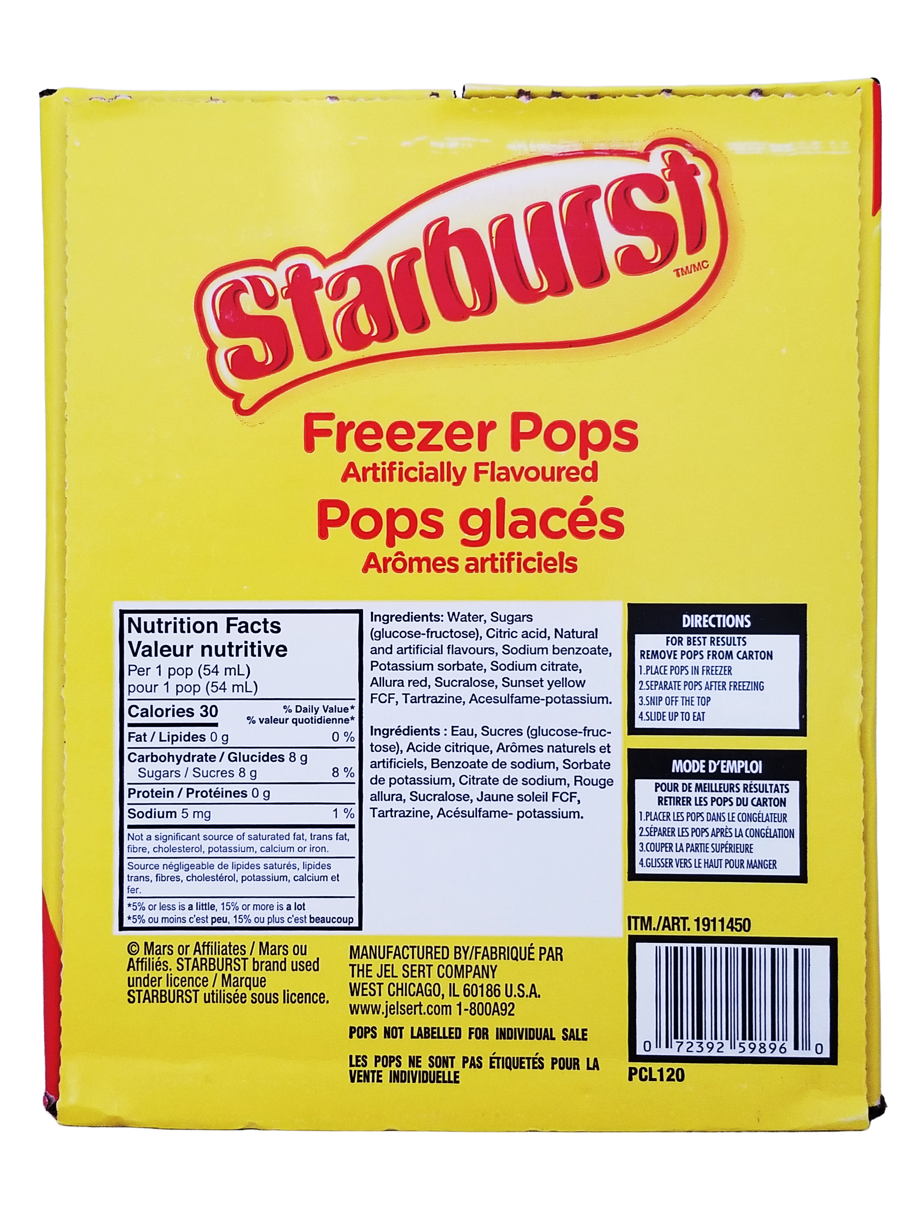 Side of box of Starburst Freeze Pops, 96 x 54ml/1.9 fl. oz with yellow background and red text.