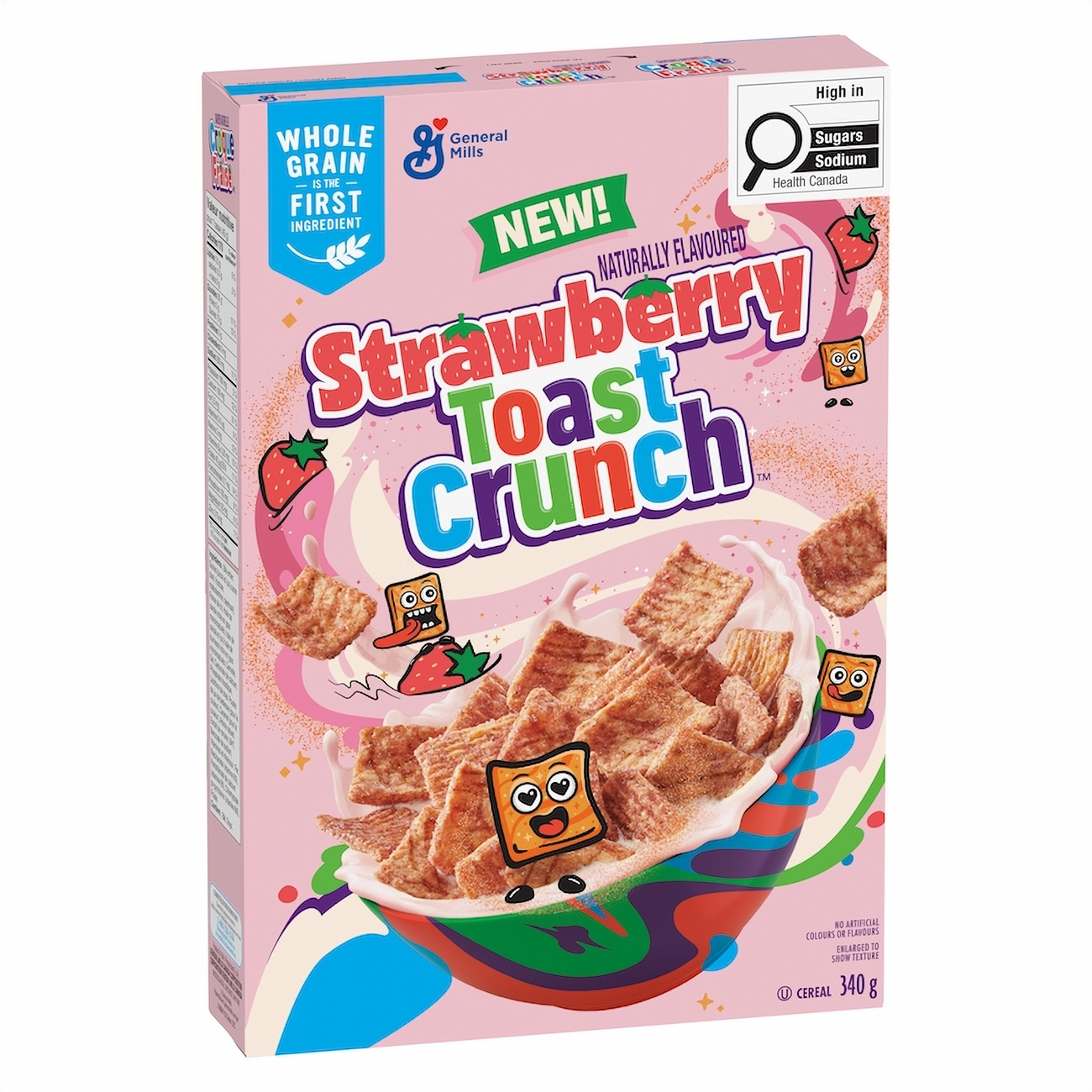 Box of Strawberry Toast Crunch cereal with colorful design on a white background