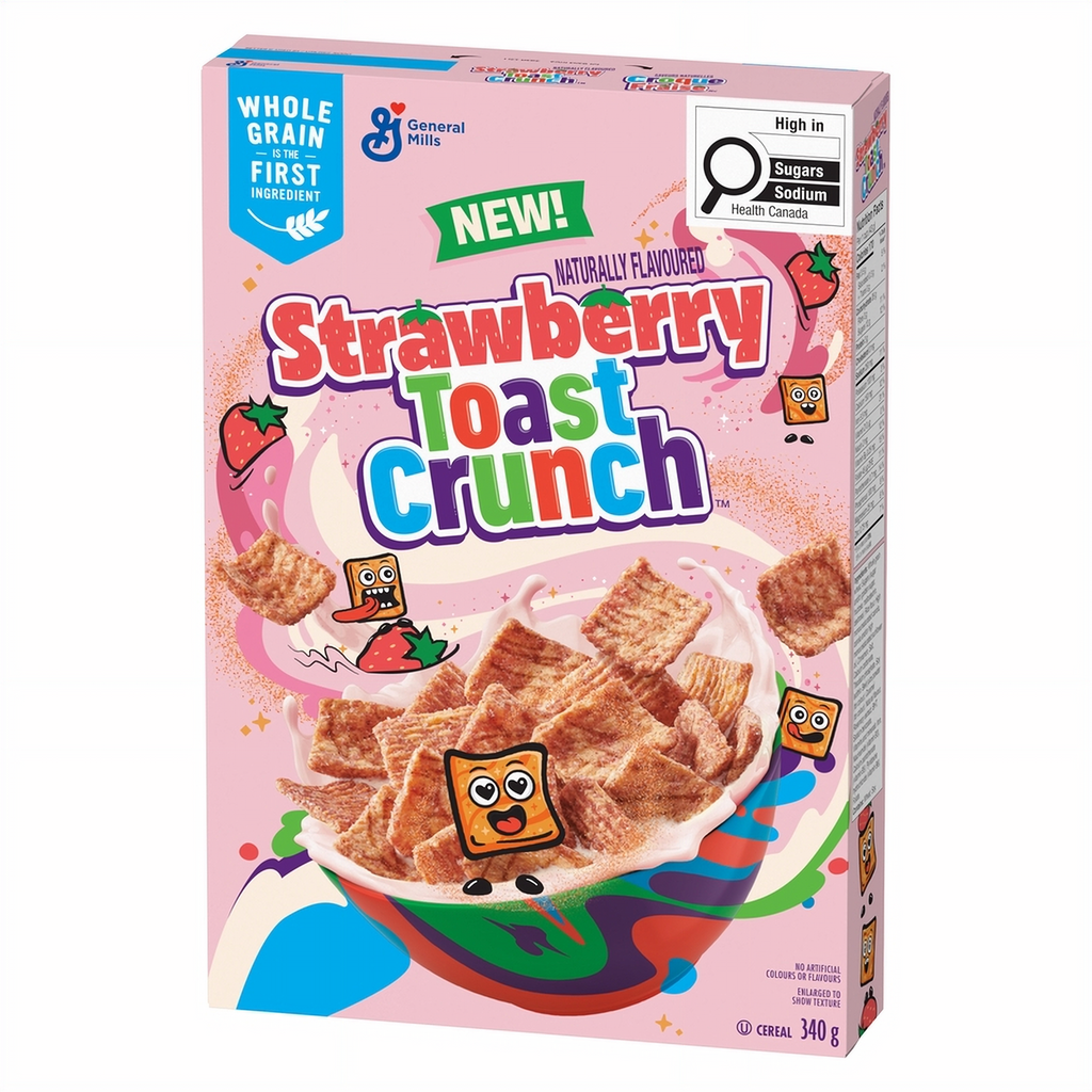 Box of Strawberry Toast Crunch cereal with pink background