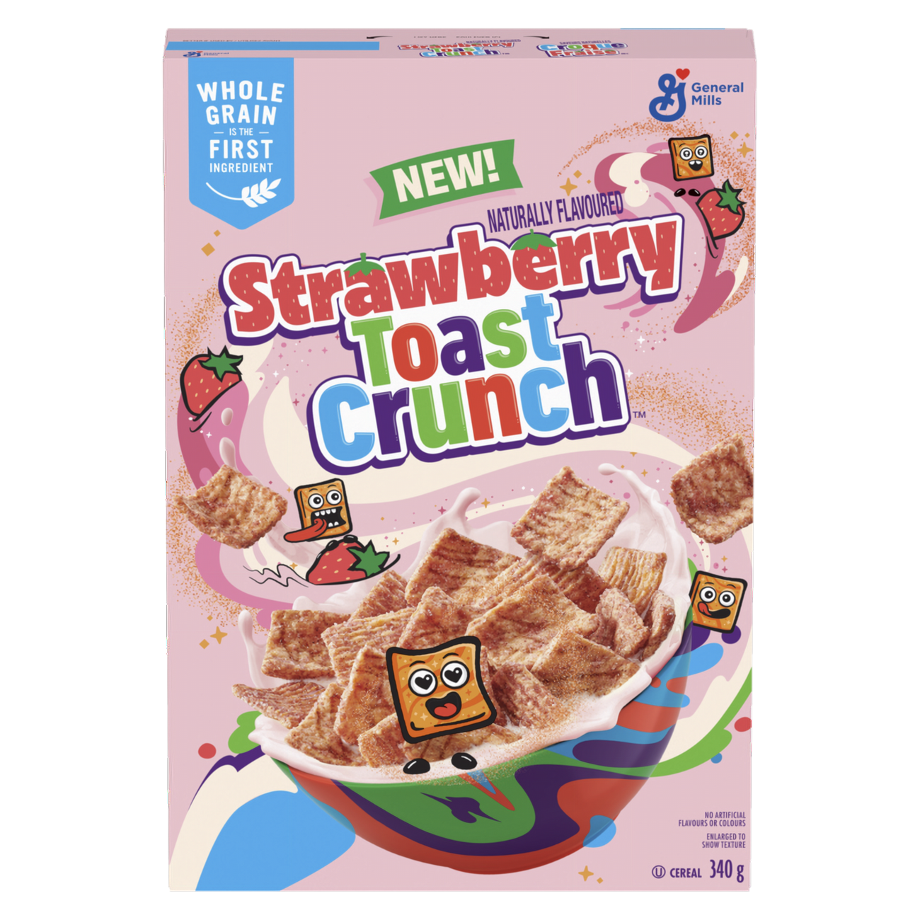 Box of Strawberry Toast Crunch cereal with colorful design and General Mills logo.