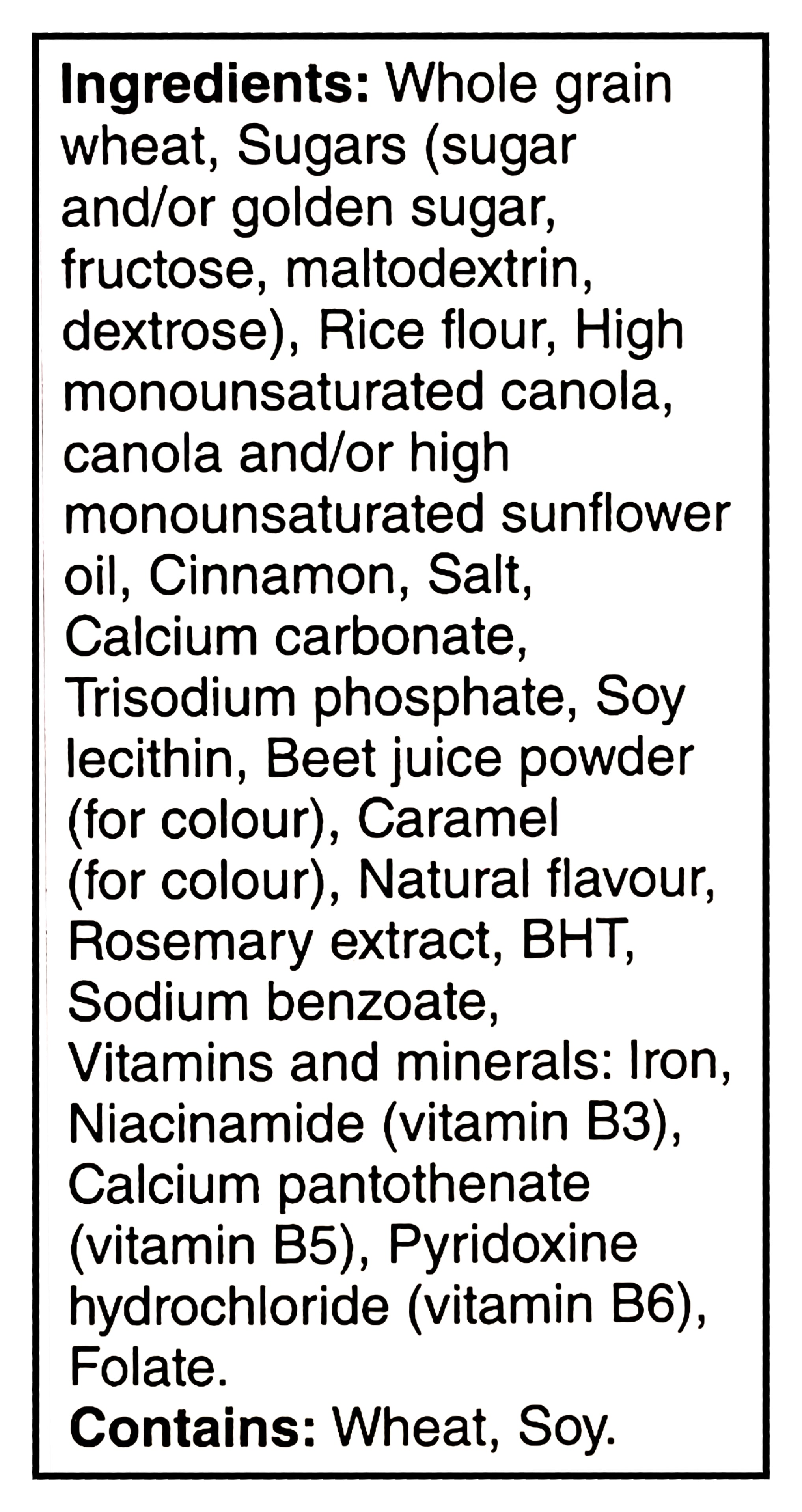 List of ingredients and allergens for Strawberry Toast Crunch Cereal, 340g/11.9 oz on a food label.