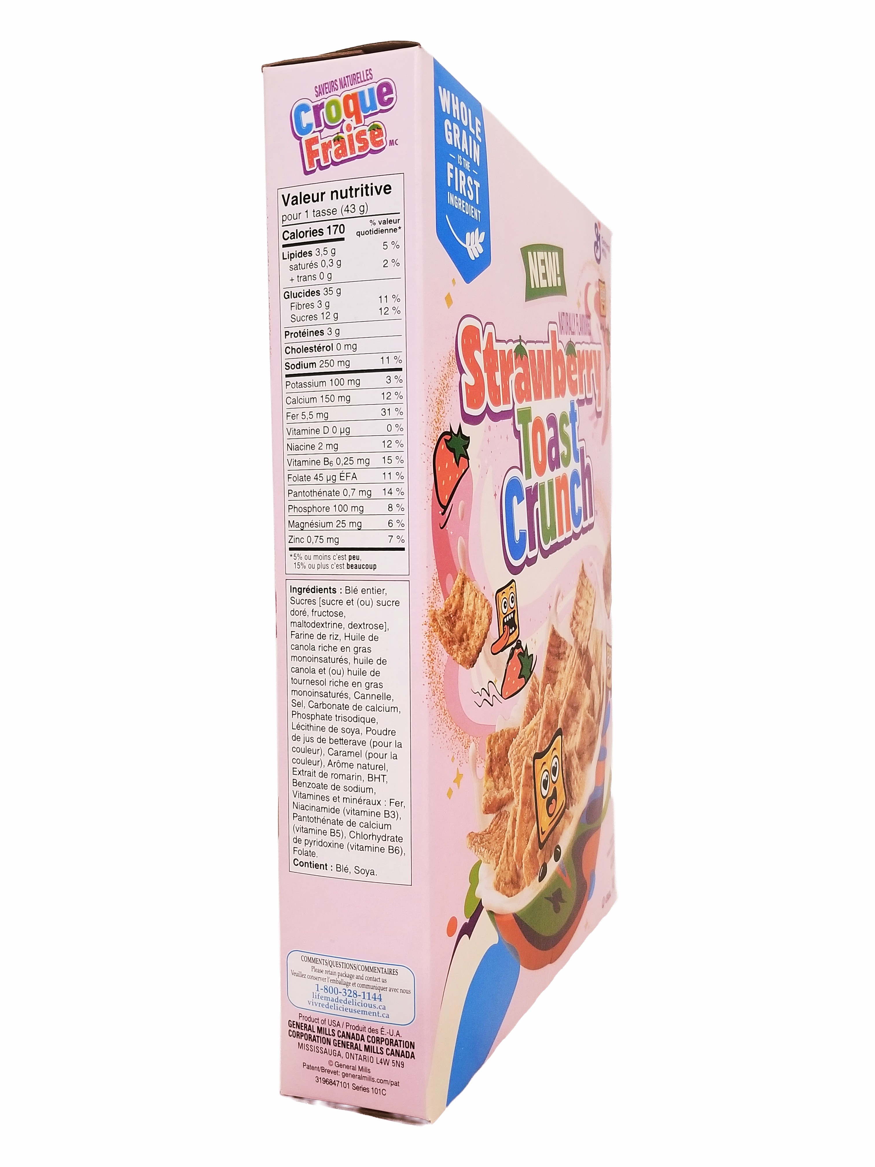 Box of Strawberry Toast Crunch cereal with nutritional information on a white background