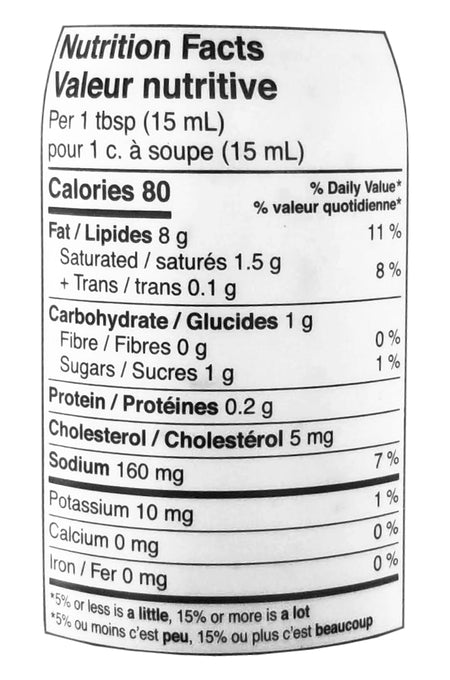 Subway Roasted Garlic Aioli Sauce nutrition facts Label