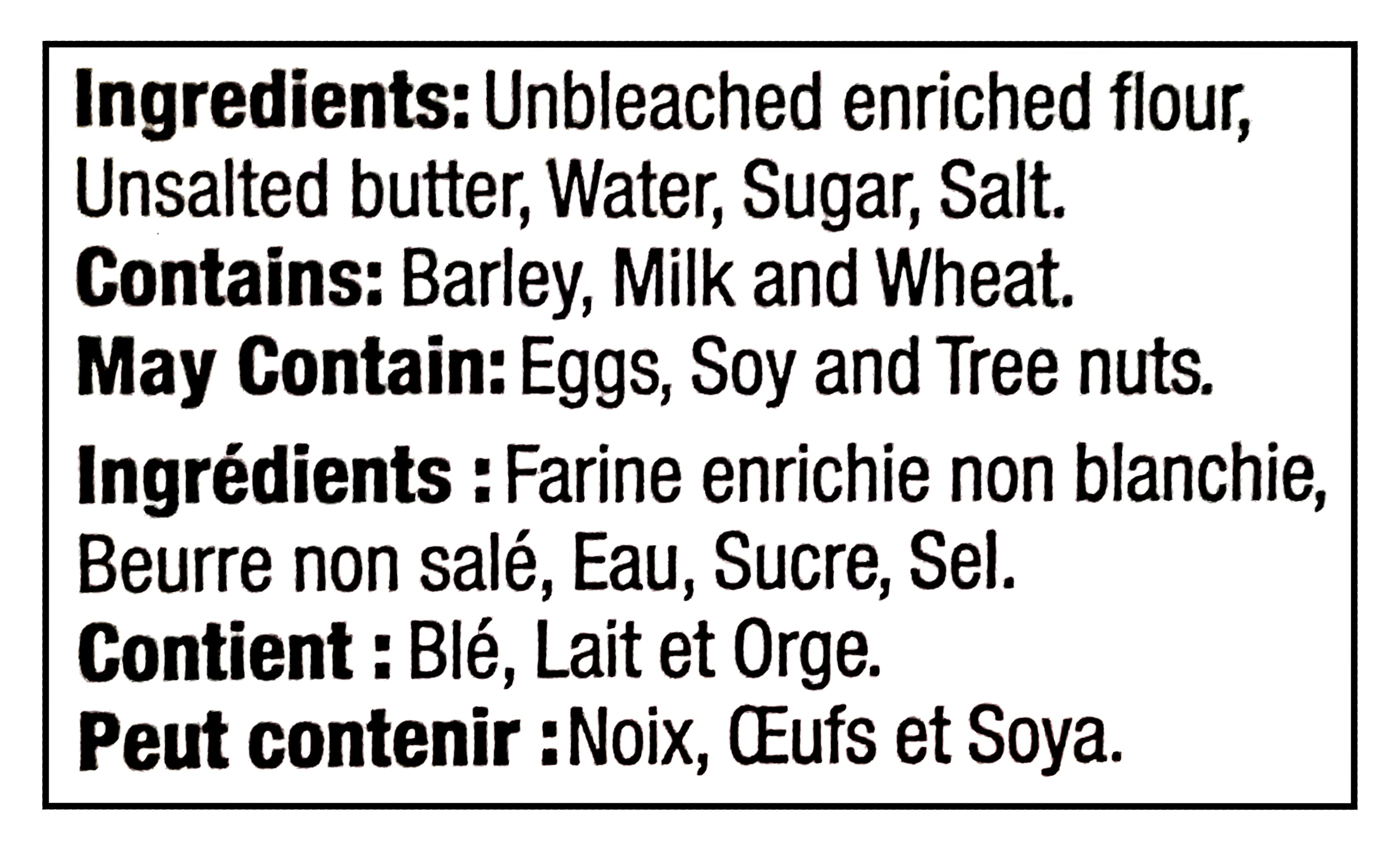 Ingredients list of Sugar Bowl Bakery Palmier Pastry Cookies 907g/32 oz with allergen warnings on a black background  