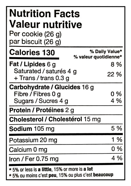 Nutrition facts label of Sugar Bowl Bakery Palmier Pastry Cookies 907g/32 oz on a white background