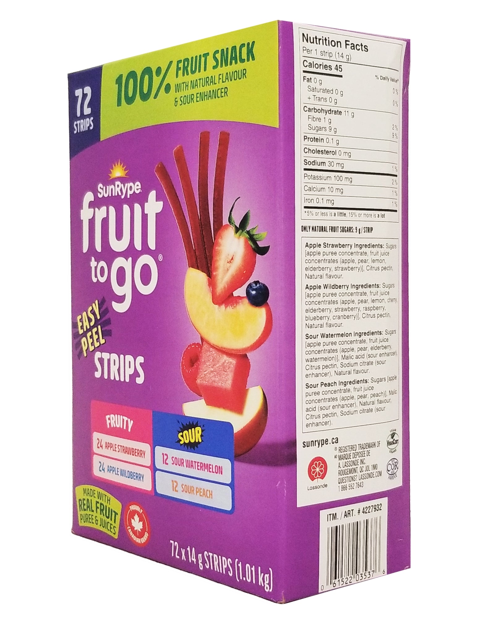 Box of Sunkist Fruit to Go fruit snack strips with colorful design and text.