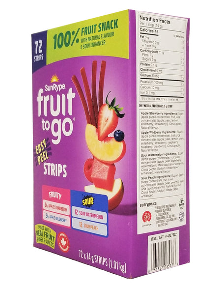 Box of Sunkist Fruit to Go fruit snack strips with colorful design and text.