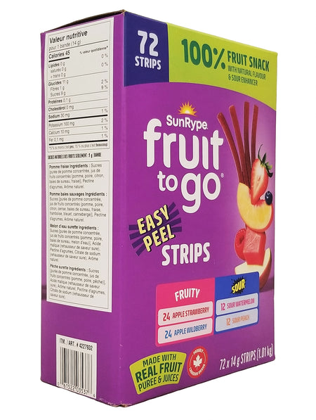 Box of SunRype Fruit to Go Easy Peel Strips 72x14g package with nutritional information on a white background