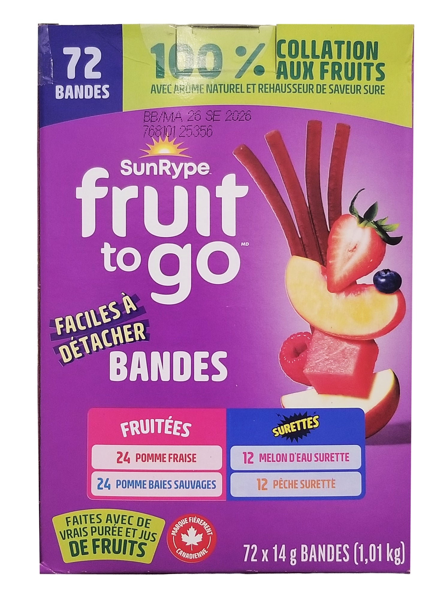 SunRype fruit to go packaging with fruit sticks illustration on a purple background