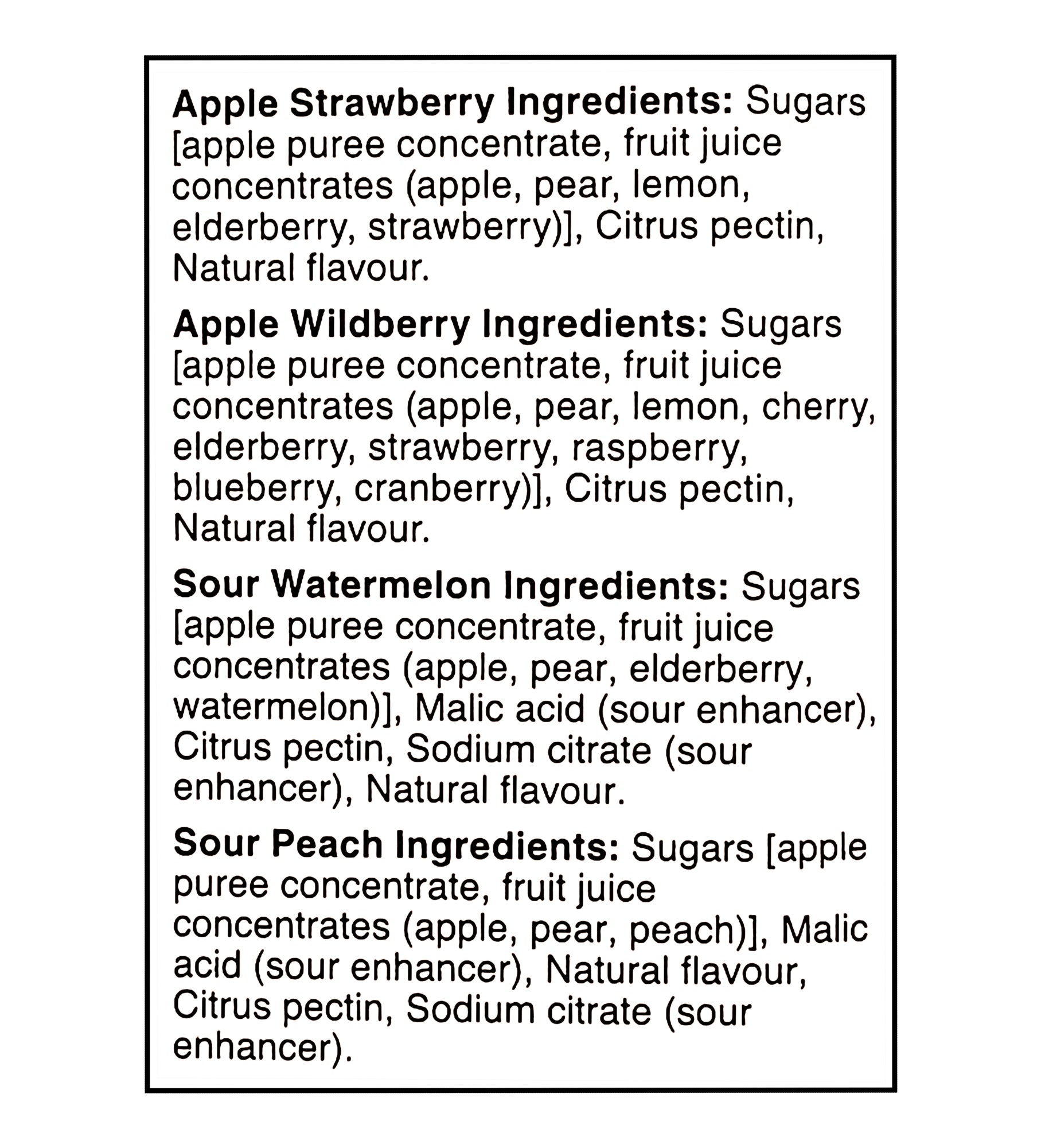 Ingredients list for SunRype Fruit-To-Go 100% Fruit Snacks 72ct x 14g on a white background