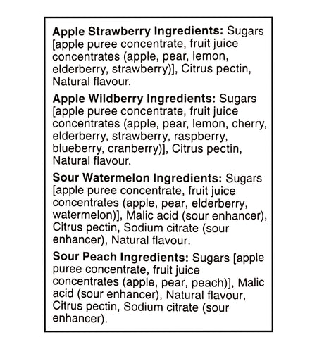 Ingredients list for SunRype Fruit-To-Go 100% Fruit Snacks 72ct x 14g on a white background
