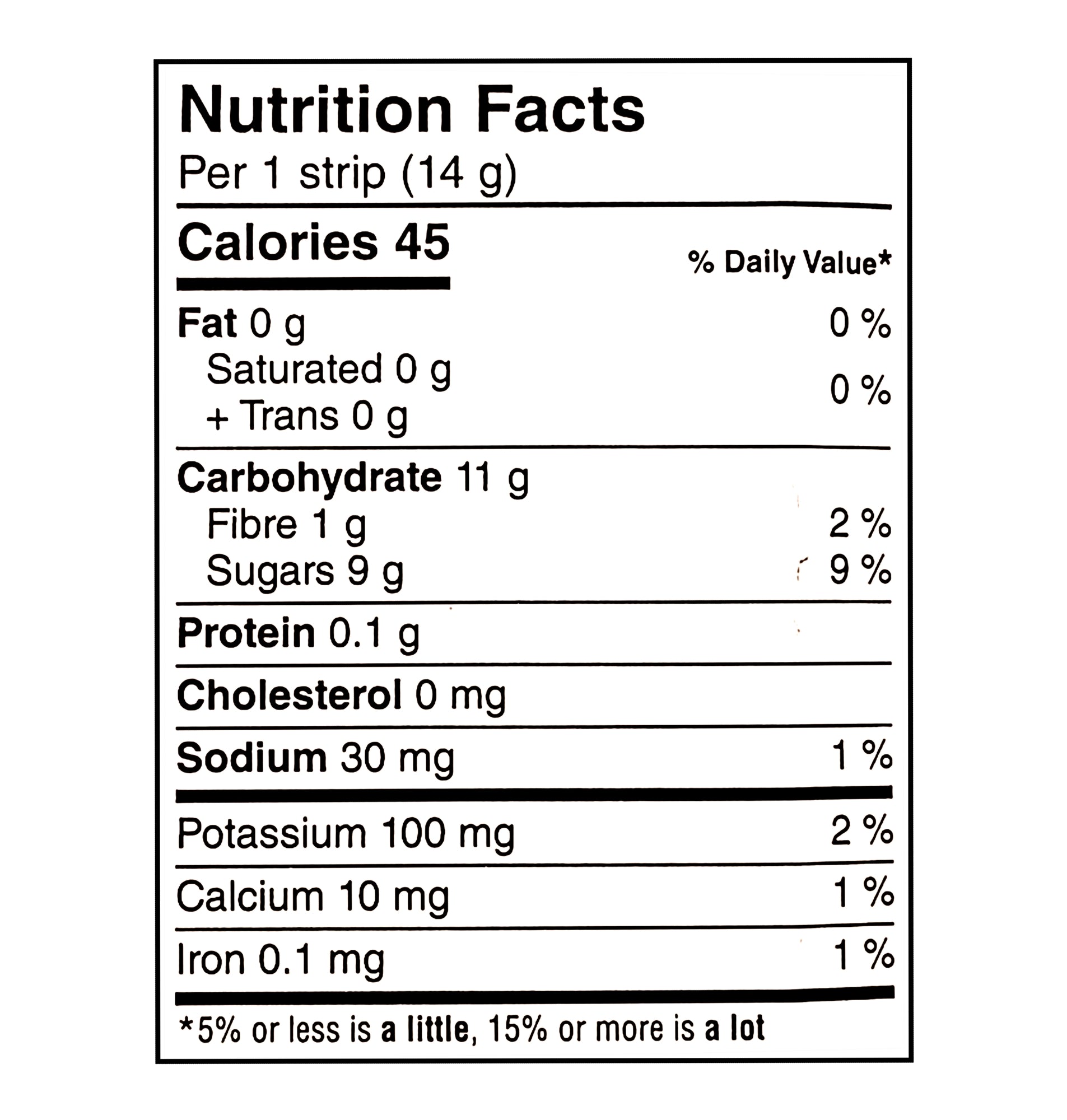 Nutrition facts label for SunRype Fruit-To-Go 100% Fruit Snacks 72ct x 14g per 1 strip (14 g) with details like calories, fat, carbohydrate, fiber, sugars, protein, cholesterol, sodium, potassium, calcium, and iron content.