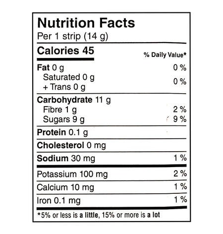Nutrition facts label for SunRype Fruit-To-Go 100% Fruit Snacks 72ct x 14g per 1 strip (14 g) with details like calories, fat, carbohydrate, fiber, sugars, protein, cholesterol, sodium, potassium, calcium, and iron content.