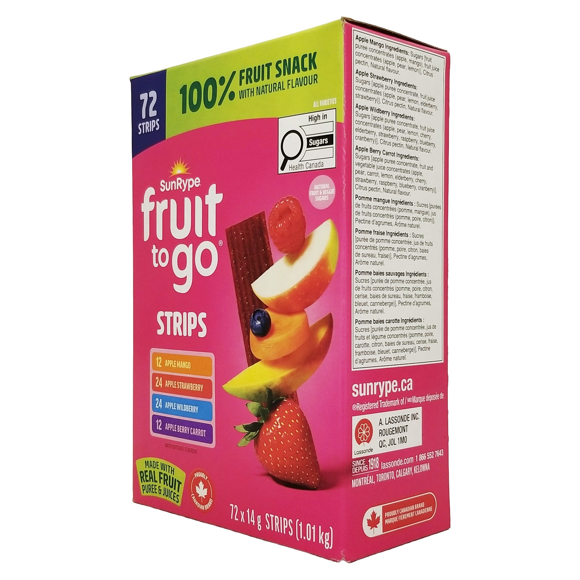 SunRype Fruit-To-Go 100% Real Fruit Snack Strips 72x14g angle view Canadian snack pink package