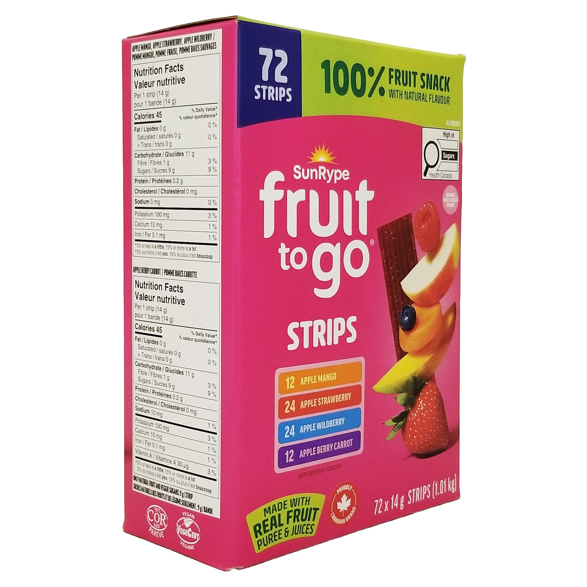 SunRype Fruit-To-Go 72-pack bulk box angle view 4 flavors real fruit strips pink package