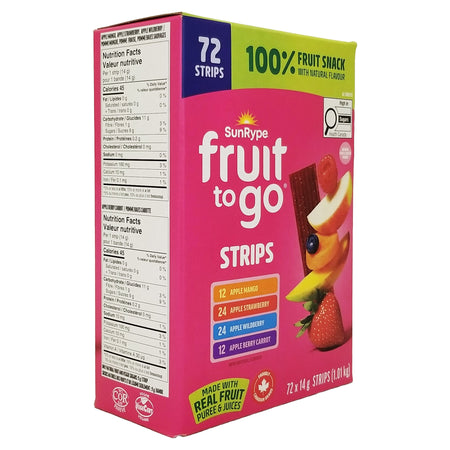 SunRype Fruit-To-Go 72-pack bulk box angle view 4 flavors real fruit strips pink package