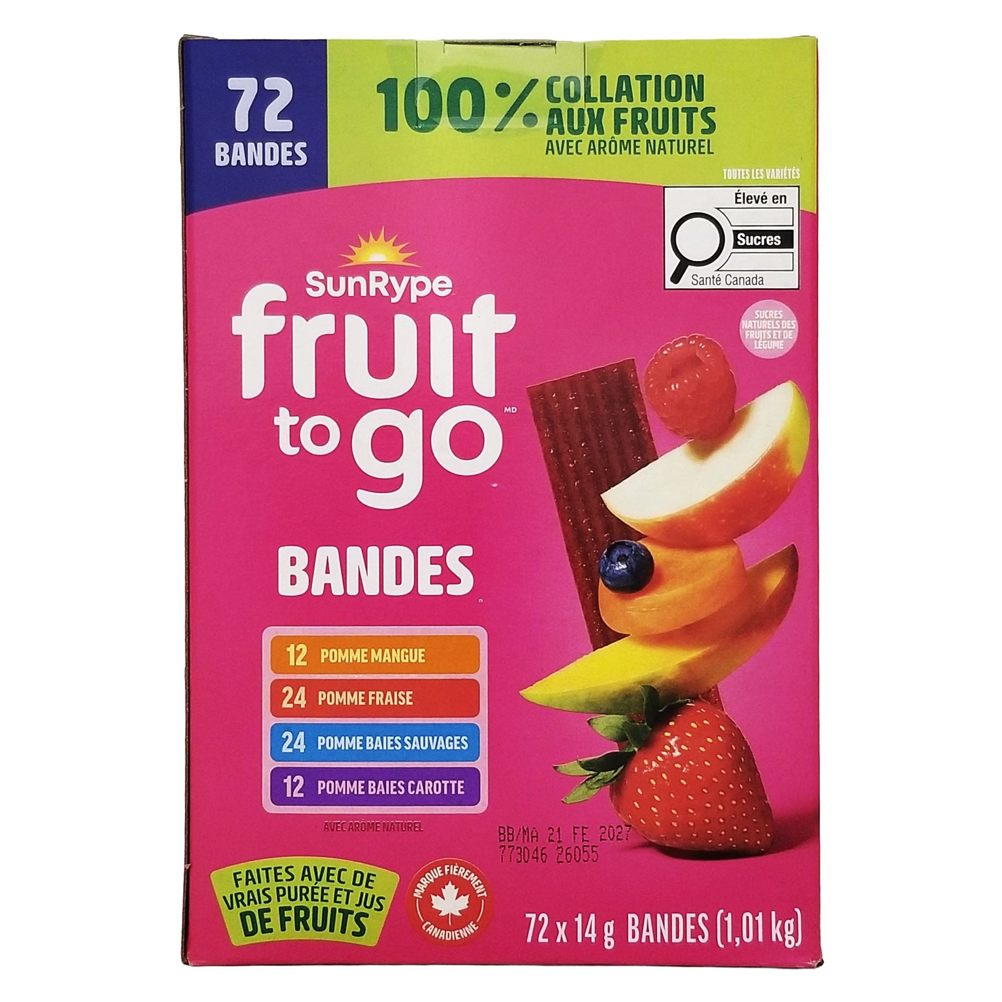 SunRype Fruit-To-Go Real Fruit Strips 72-pack back of box gluten-free vegan kosher pink package