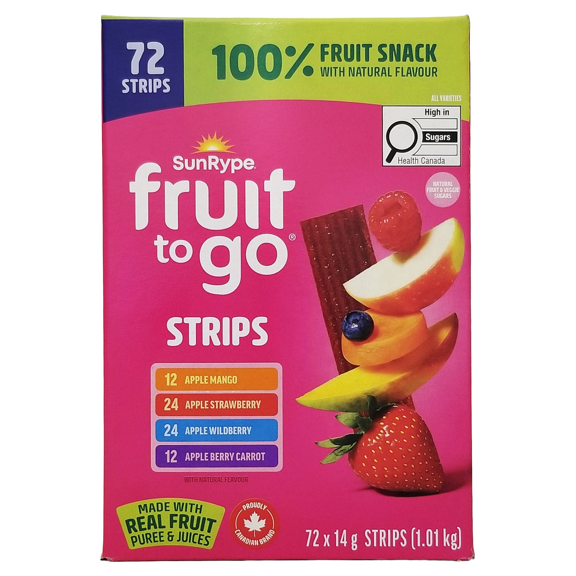 SunRype Fruit-To-Go 100% Real Fruit Snack Strips 72x14g bulk box front view pink package