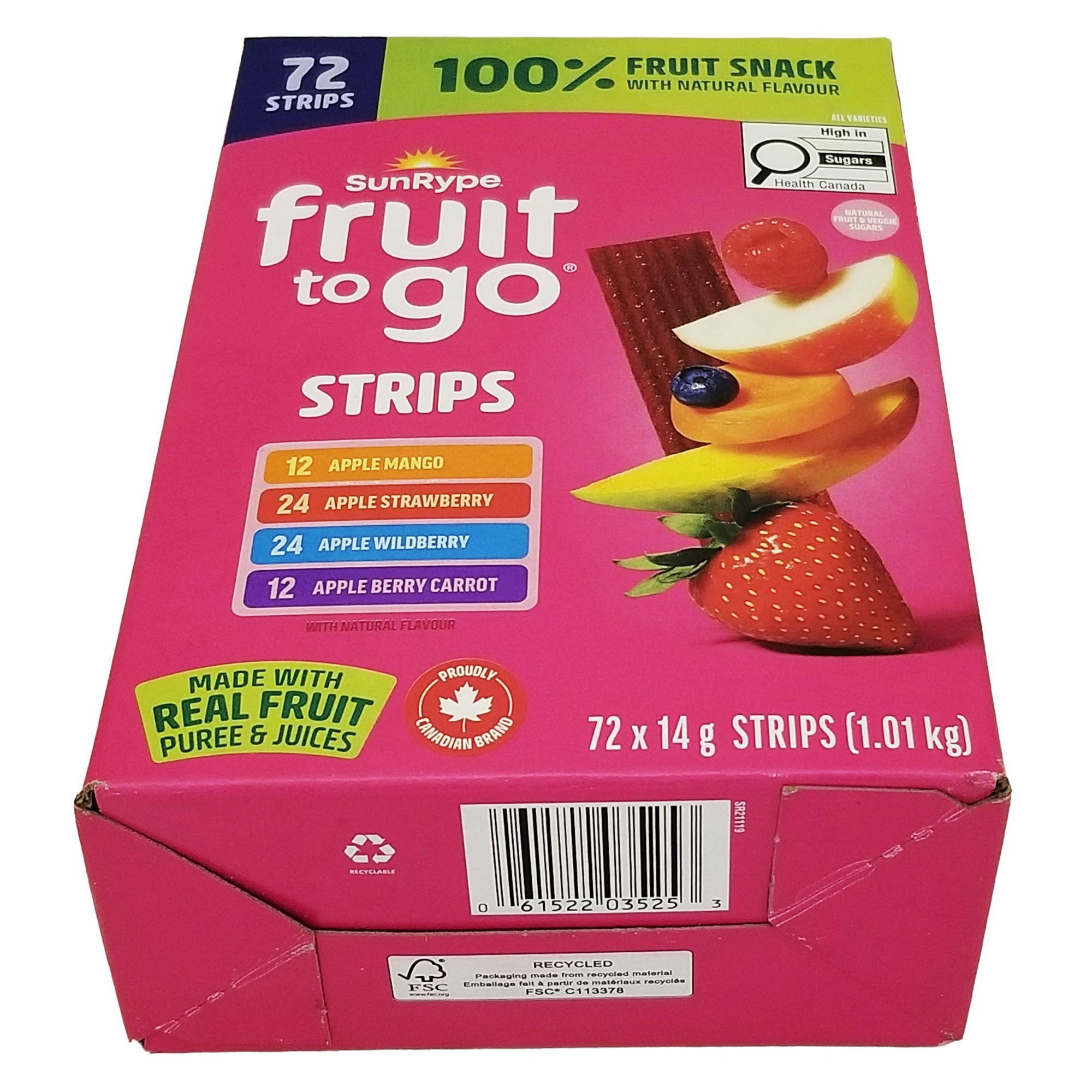 SunRype Fruit-To-Go Real Fruit Strips 72x14g UPC barcode 061522035253 pink package