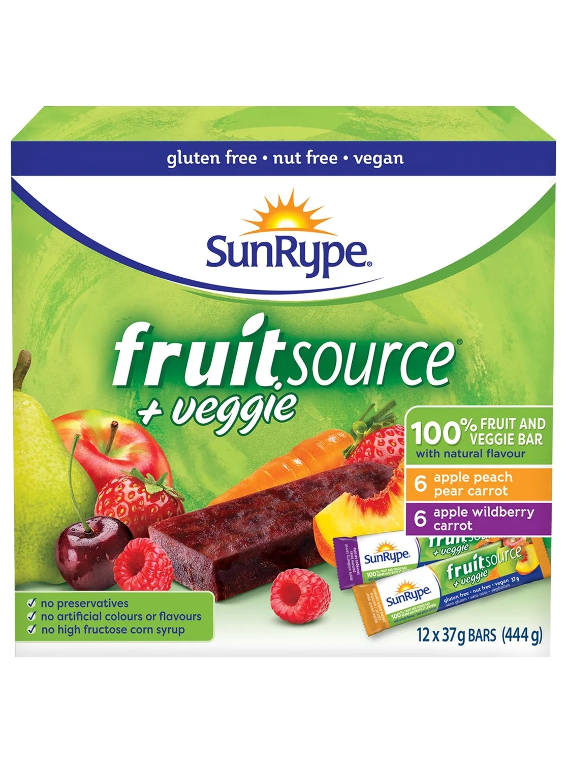 SunRype Fruit Source +Veggie Fruit Bars, 2 Flavors, 12x37g/1.3 oz. Bars, 444g/15.5 oz. Box {Imported from Canada}