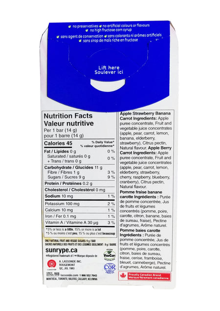 SunRype Fruit to Go +Veggie Fruit Bars, Apple Berry Carrot & Apple Strawberry Banana Carrot Flavors, 9x14g/0.5 oz. Bars {Imported from Canada}