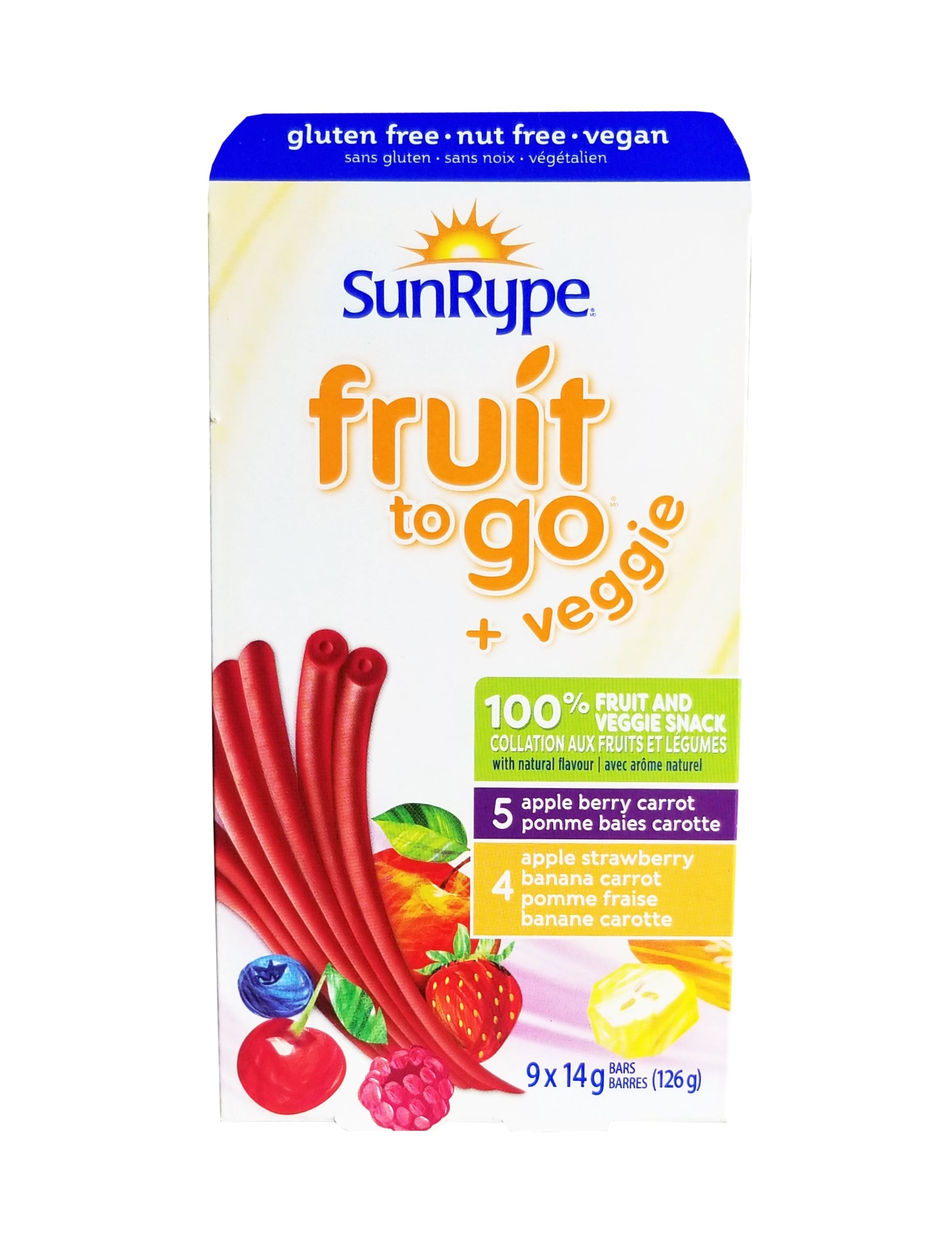 SunRype Fruit to Go +Veggie Fruit Bars, Apple Berry Carrot & Apple Strawberry Banana Carrot Flavors, 9x14g/0.5 oz. Bars {Imported from Canada}