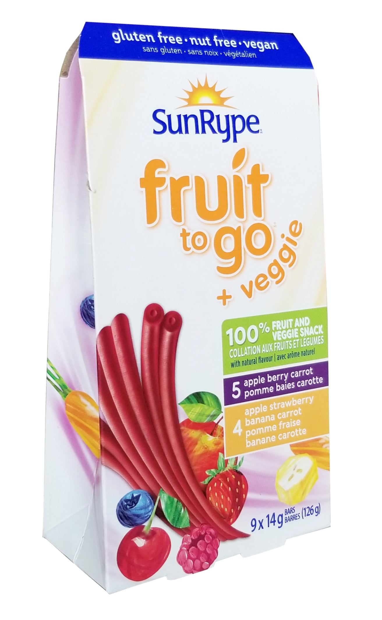 SunRype Fruit to Go +Veggie Fruit Bars, Apple Berry Carrot & Apple Strawberry Banana Carrot Flavors, 9x14g/0.5 oz. Bars {Imported from Canada}