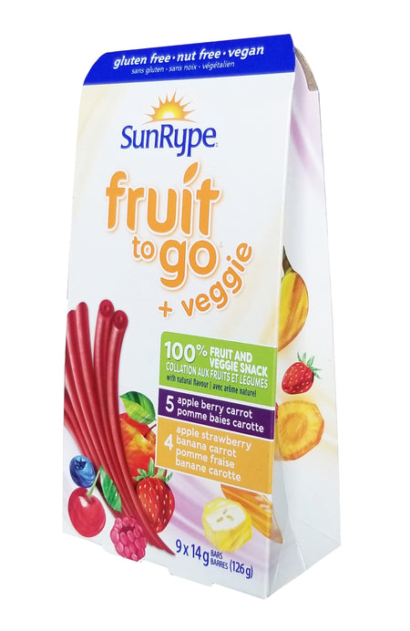 SunRype Fruit to Go +Veggie Fruit Bars, Apple Berry Carrot & Apple Strawberry Banana Carrot Flavors, 9x14g/0.5 oz. Bars {Imported from Canada}