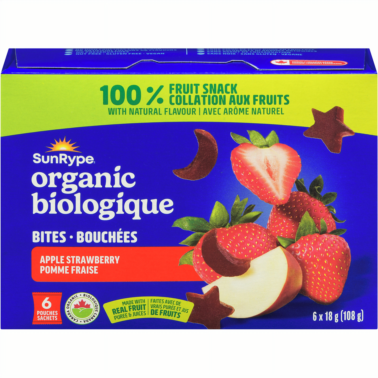 SunRype Organic 100% Fruit Bites, Apple Strawberry Flavor, 6 x 18g Pouches, 108g/3.8 oz. - Front Of Box