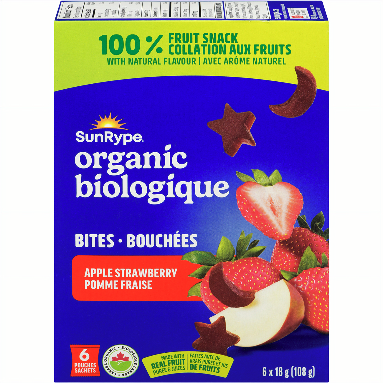 SunRype Organic 100% Fruit Bites, Apple Strawberry Flavor, 6 x 18g Pouches, 108g/3.8 oz. - Front Of Box