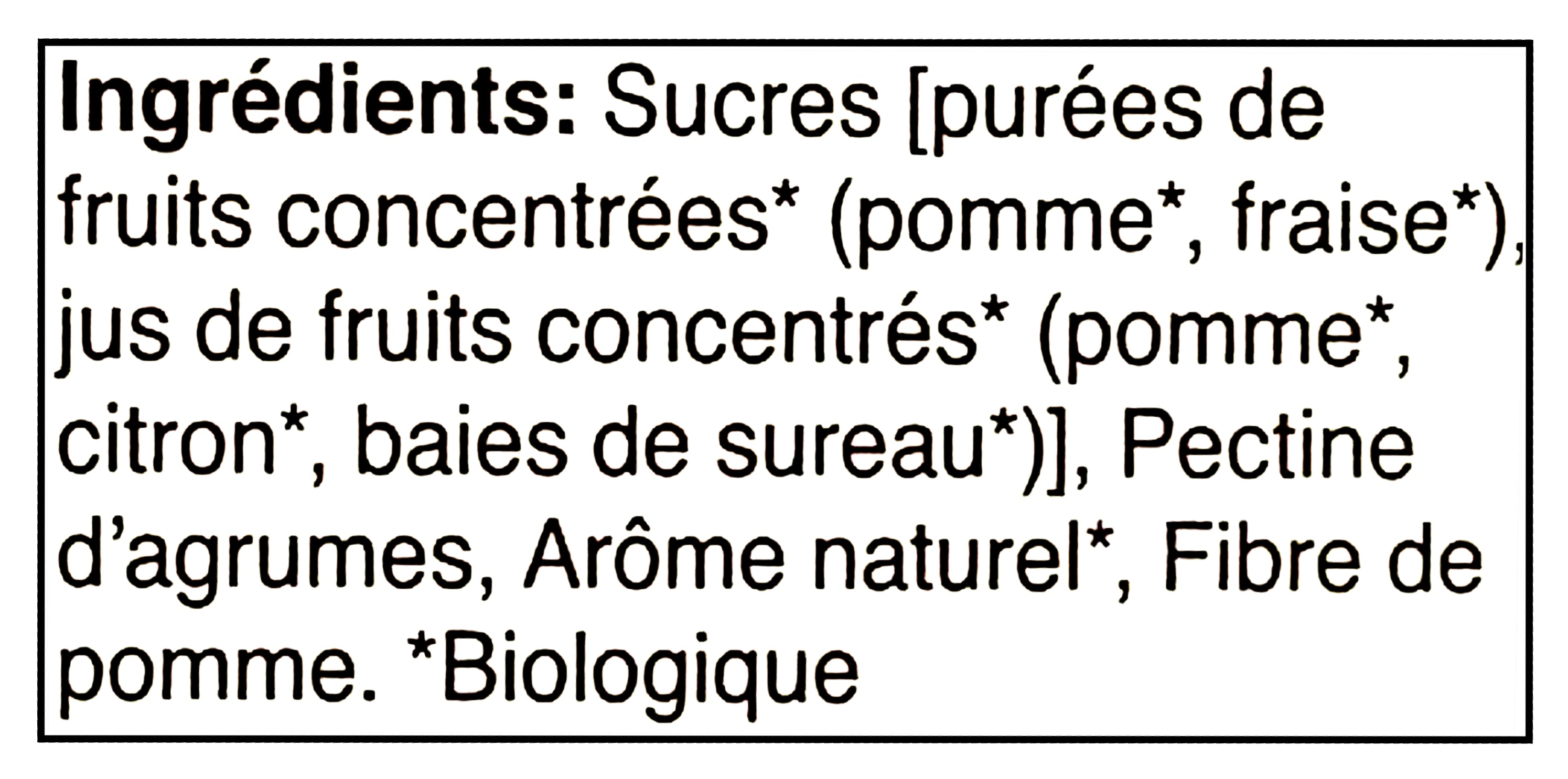 SunRype Organic 100% Fruit Bites, Apple Strawberry Flavor, 6 x 18g Pouches, 108g/3.8 oz. - Ingredients Label