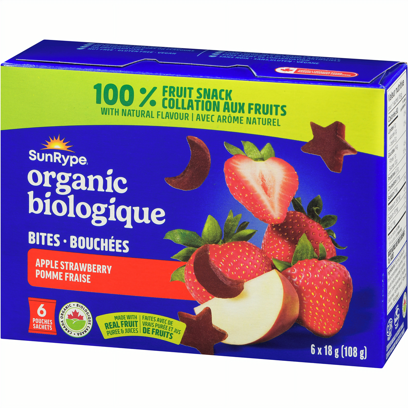 SunRype Organic 100% Fruit Bites, Apple Strawberry Flavor, 6 x 18g Pouches, 108g/3.8 oz. - Left Angle Of Box