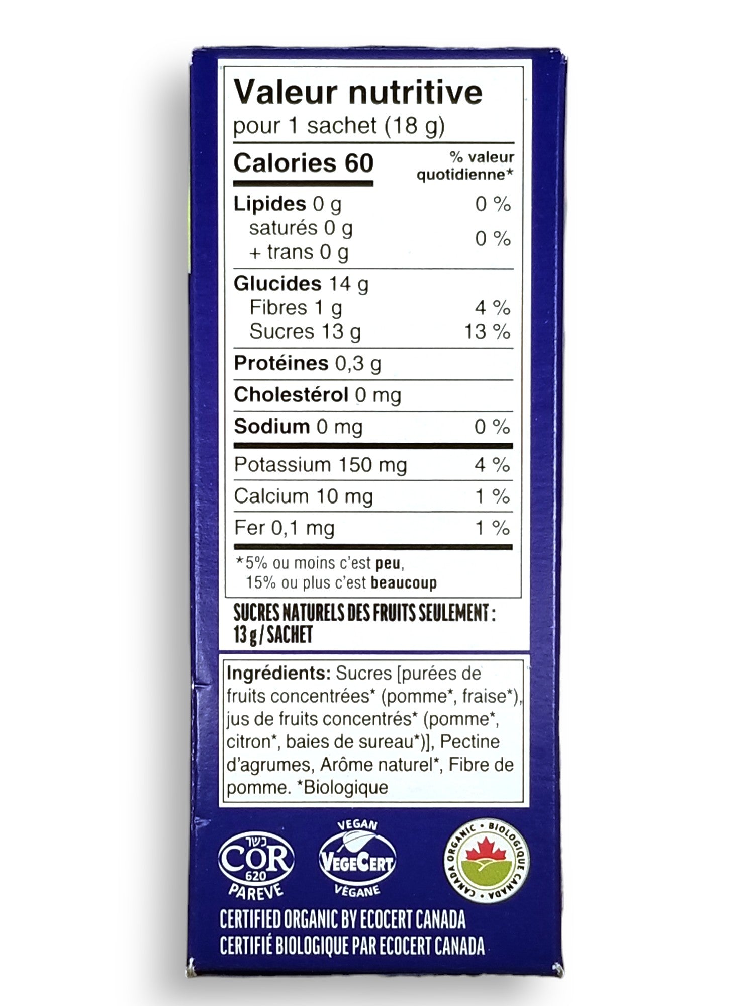 SunRype Organic 100% Fruit Bites, Apple Strawberry Flavor, 6 x 18g Pouches, 108g/3.8 oz. - Right Side Of Box
