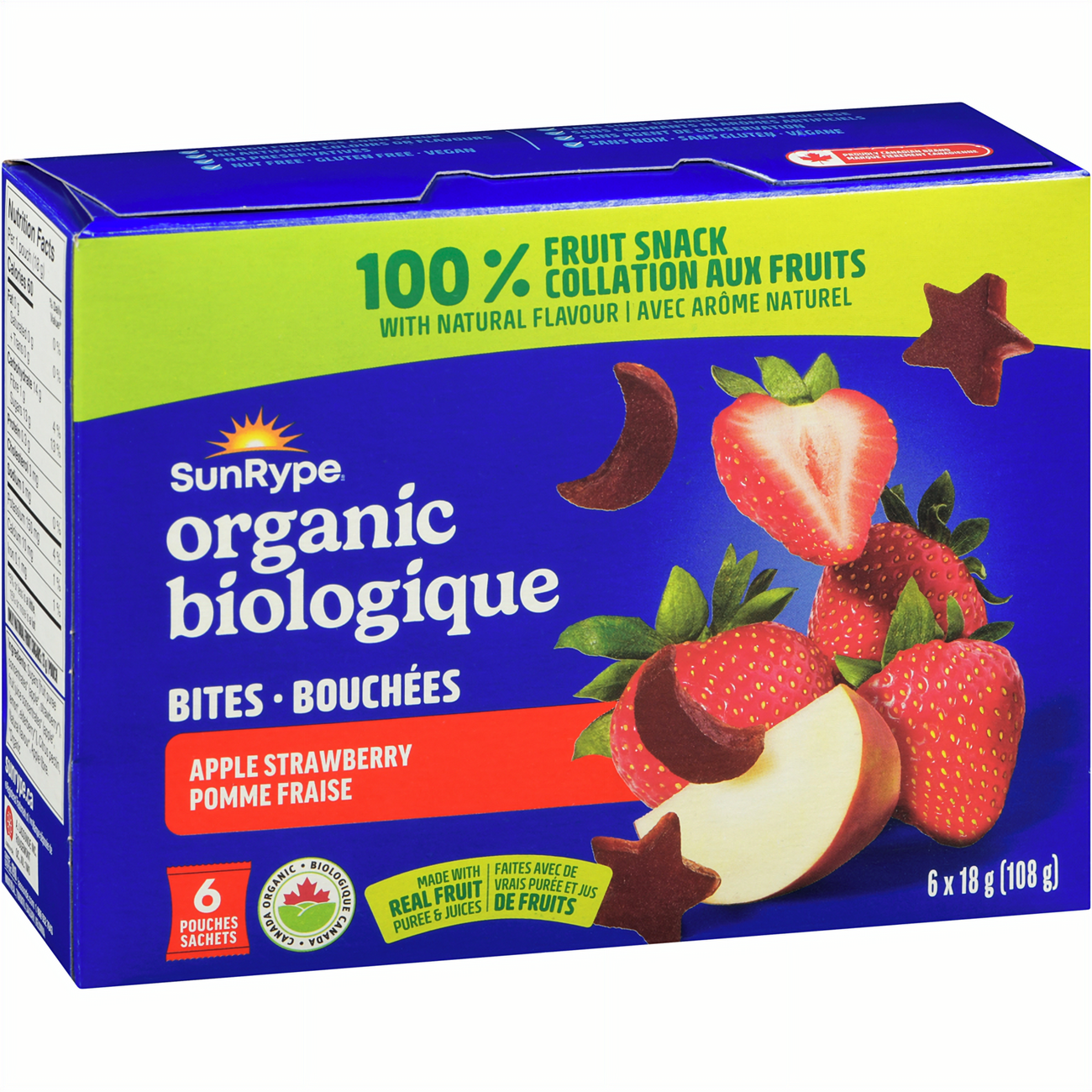 SunRype Organic 100% Fruit Bites, Apple Strawberry Flavor, 6 x 18g Pouches, 108g/3.8 oz. - Right Angle Of Box