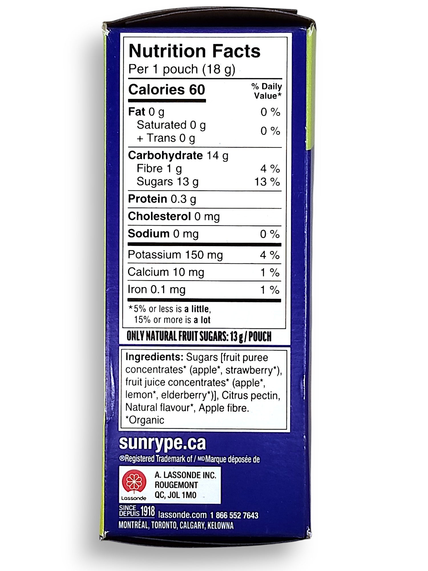 SunRype Organic 100% Fruit Bites, Apple Strawberry Flavor, 6 x 18g Pouches, 108g/3.8 oz. - Left Side Of Box