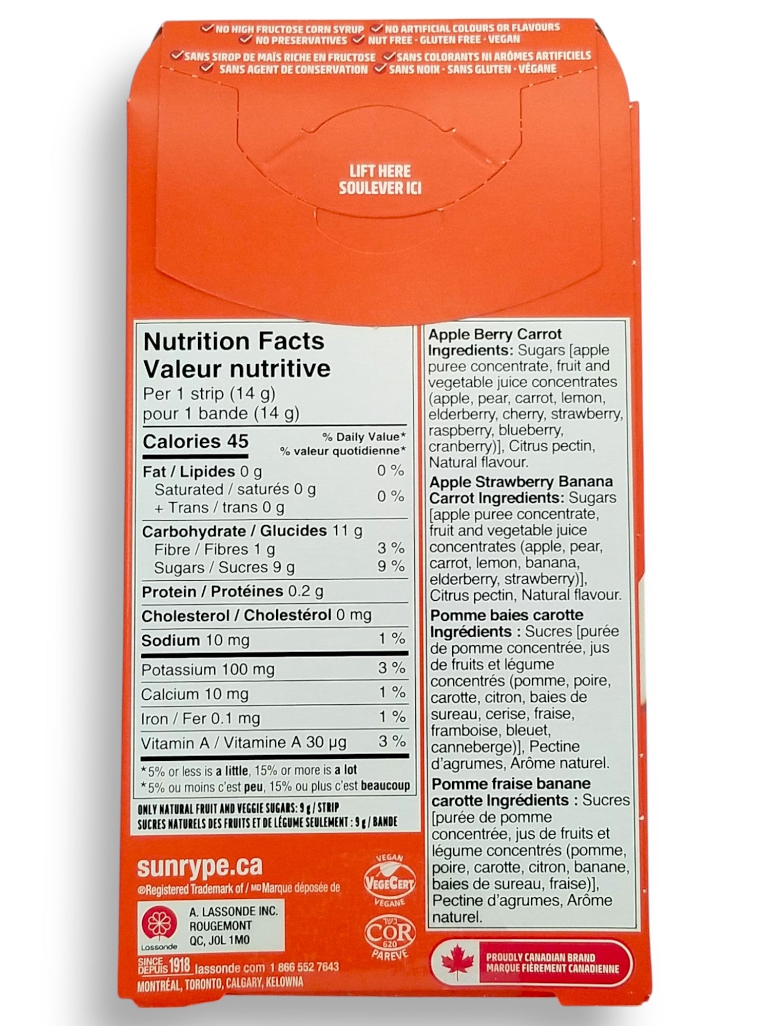 SunRype Fruit to Go +Veggie Fruit Bars, Apple Berry Carrot & Apple Strawberry Banana Carrot Flavors, 9x14g/0.5 oz. Bars - Back
