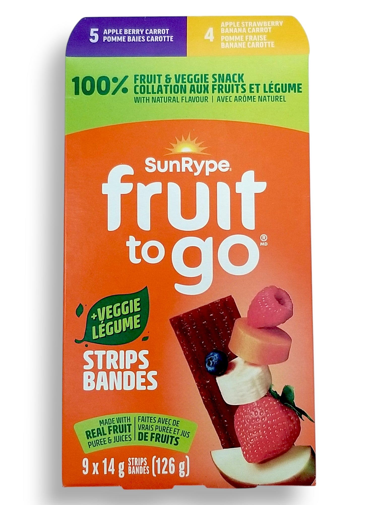 SunRype Fruit to Go +Veggie Fruit Bars, Apple Berry Carrot & Apple Strawberry Banana Carrot Flavors, 9x14g/0.5 oz. Bars - Front
