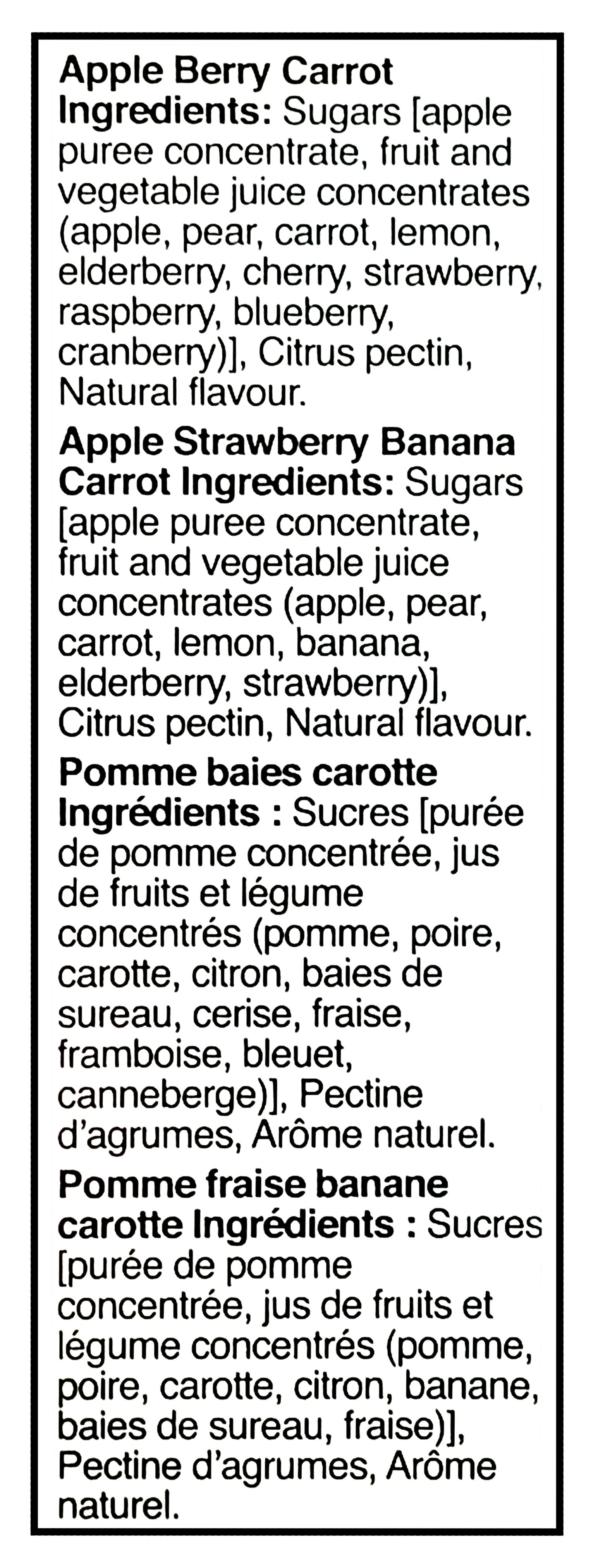 SunRype Fruit to Go +Veggie Fruit Bars, Apple Berry Carrot & Apple Strawberry Banana Carrot Flavors, 9x14g/0.5 oz. Bars - Ingredients