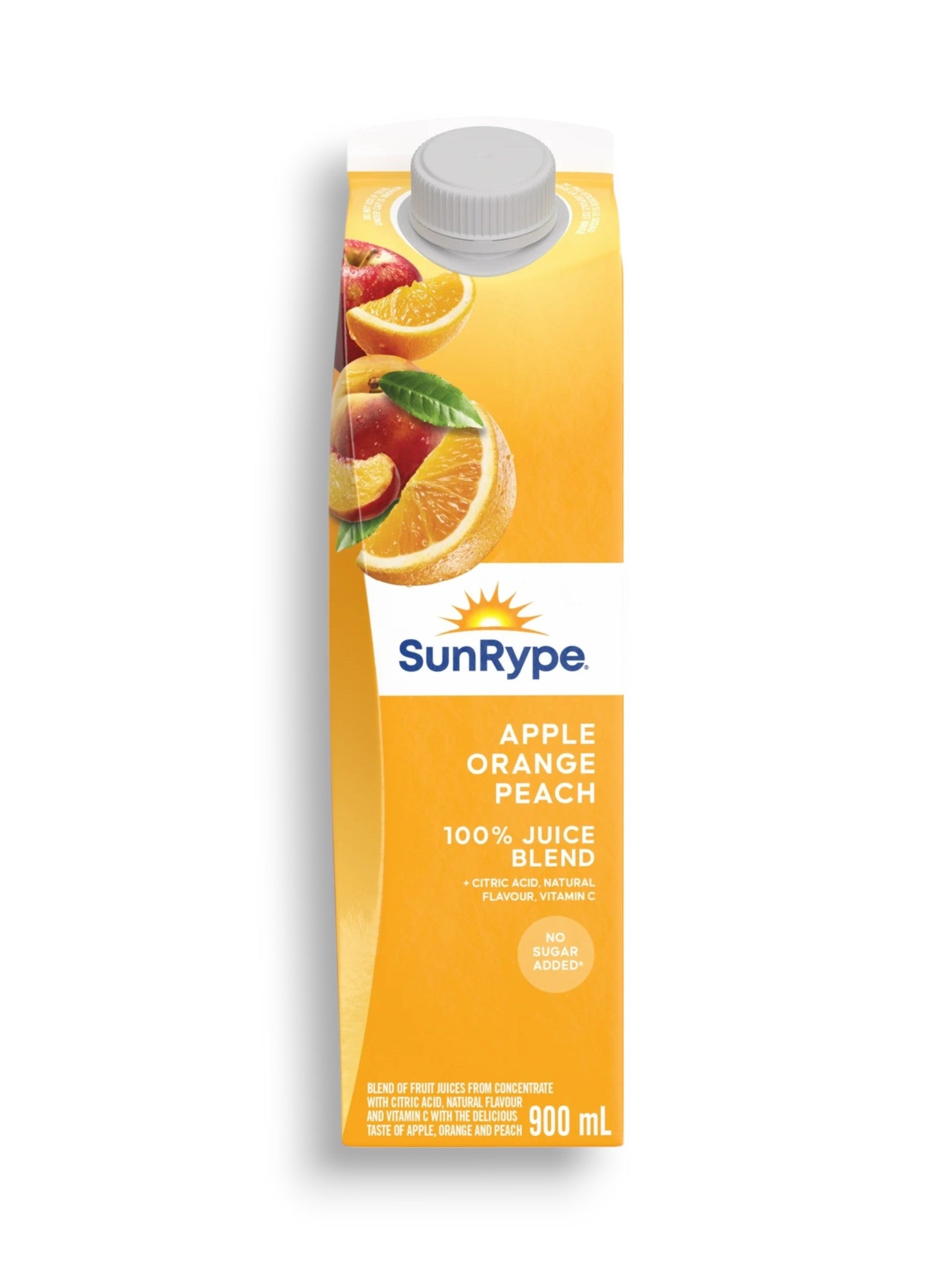 SunRype Fruit Juice, Apple Orange Peach, 900ml/30.4 fl. oz. Carton, front of carton