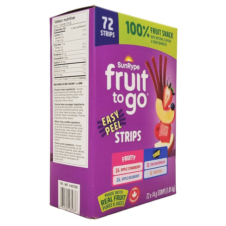 SunRype Fruit-To-Go 72-pack bulk box angle view 4 flavors real fruit strips