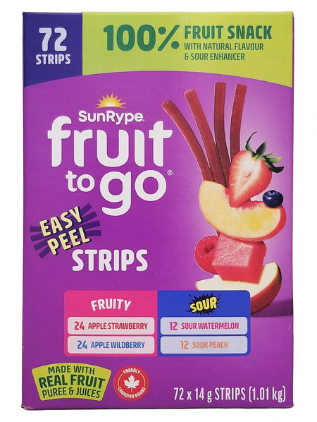 SunRype fruit to go easy peel strips 72x14g package on a purple background
