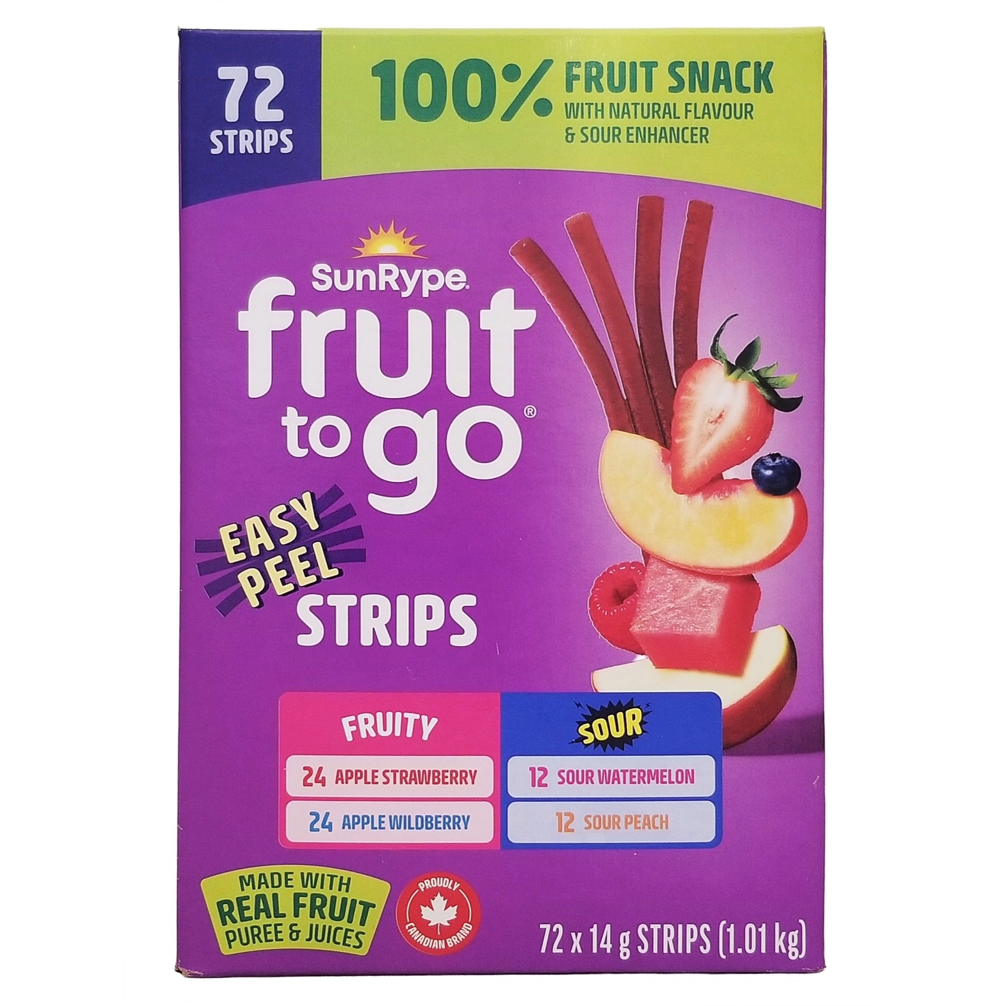SunRype Fruit-To-Go 100% Real Fruit Snack Strips 72x14g bulk box front view