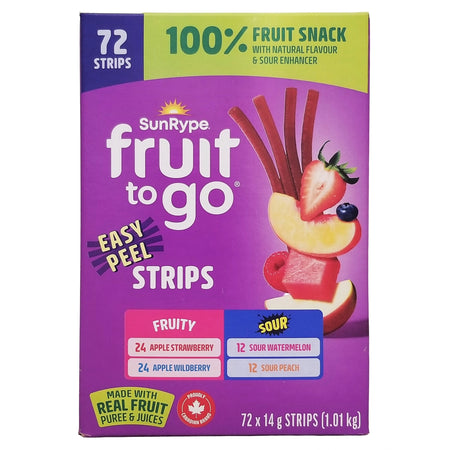 SunRype Fruit-To-Go 100% Real Fruit Snack Strips 72x14g bulk box front view
