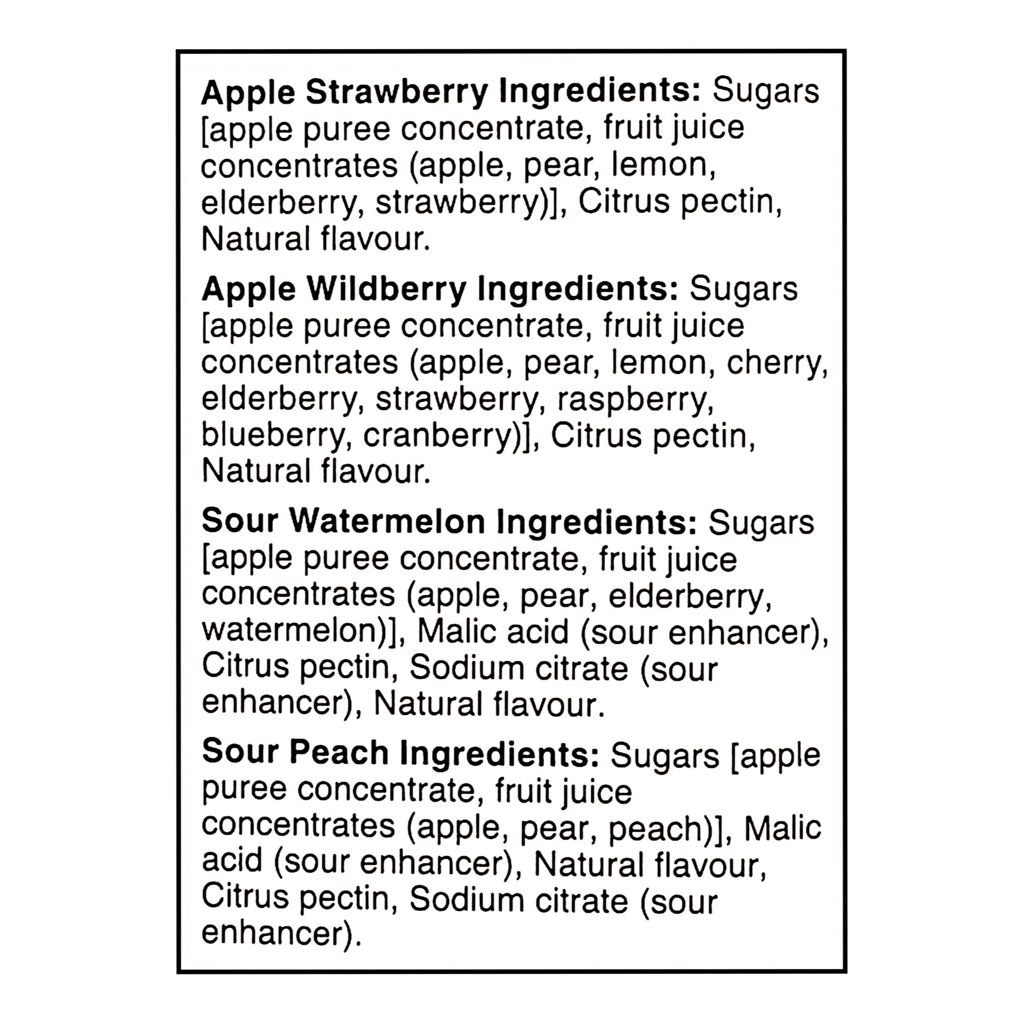 SunRype Fruit-To-Go 100% Fruit Snack Strips ingredients list 72ct x 14g Canadian snack