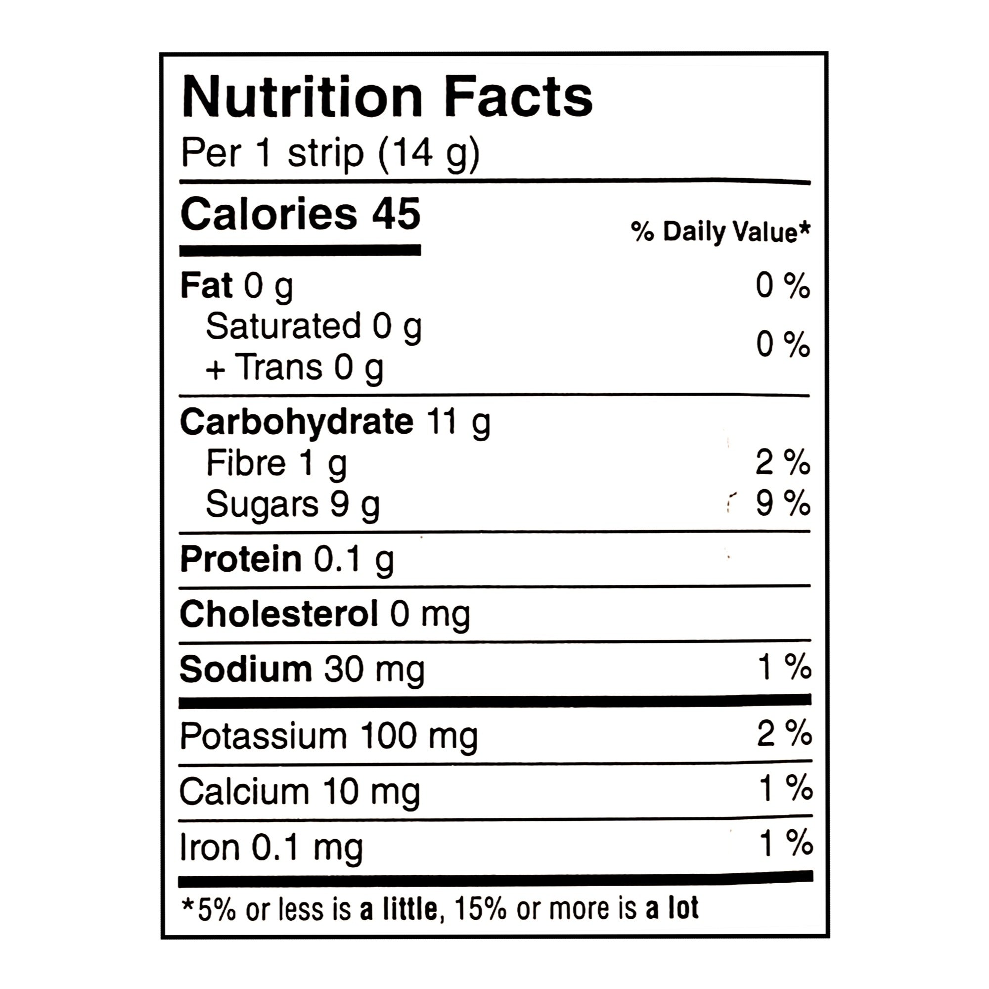 SunRype Fruit-To-Go Fruit Strip nutrition facts 14g per strip 72-pack