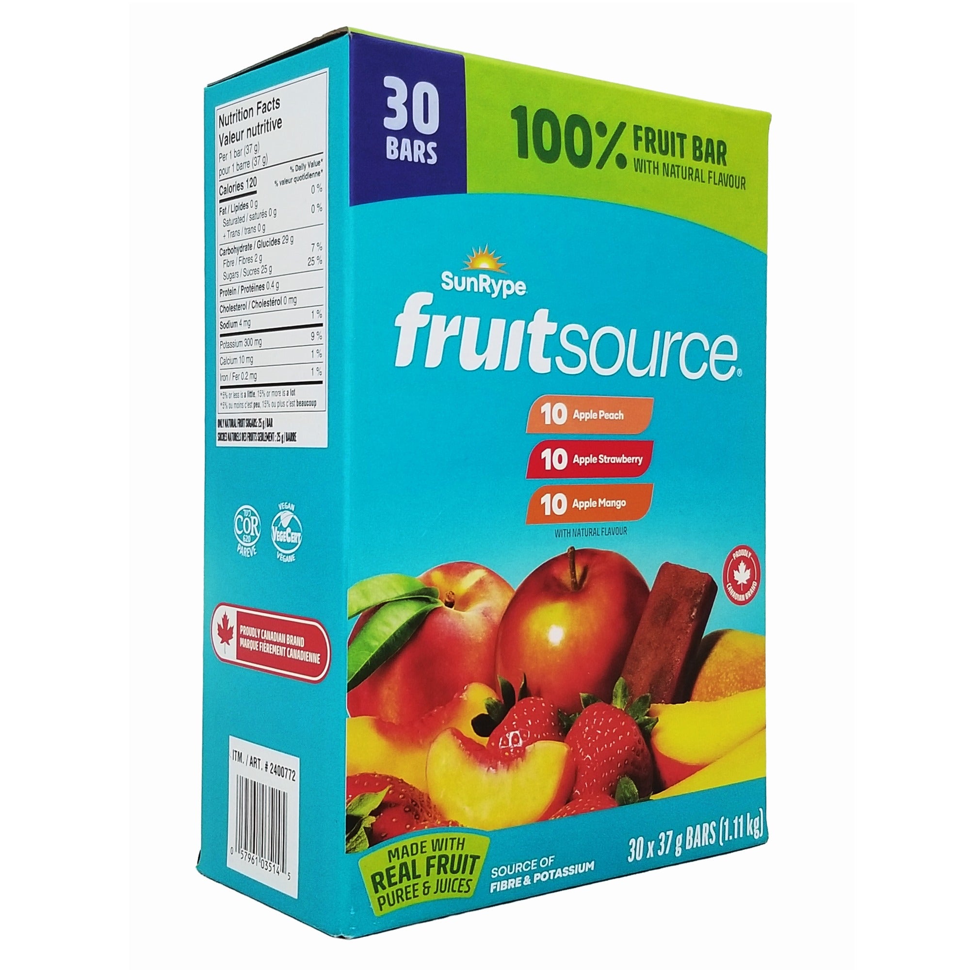 	SunRype FruitSource Fruit Bars 3 Flavors Variety Pack 30x37g angle view