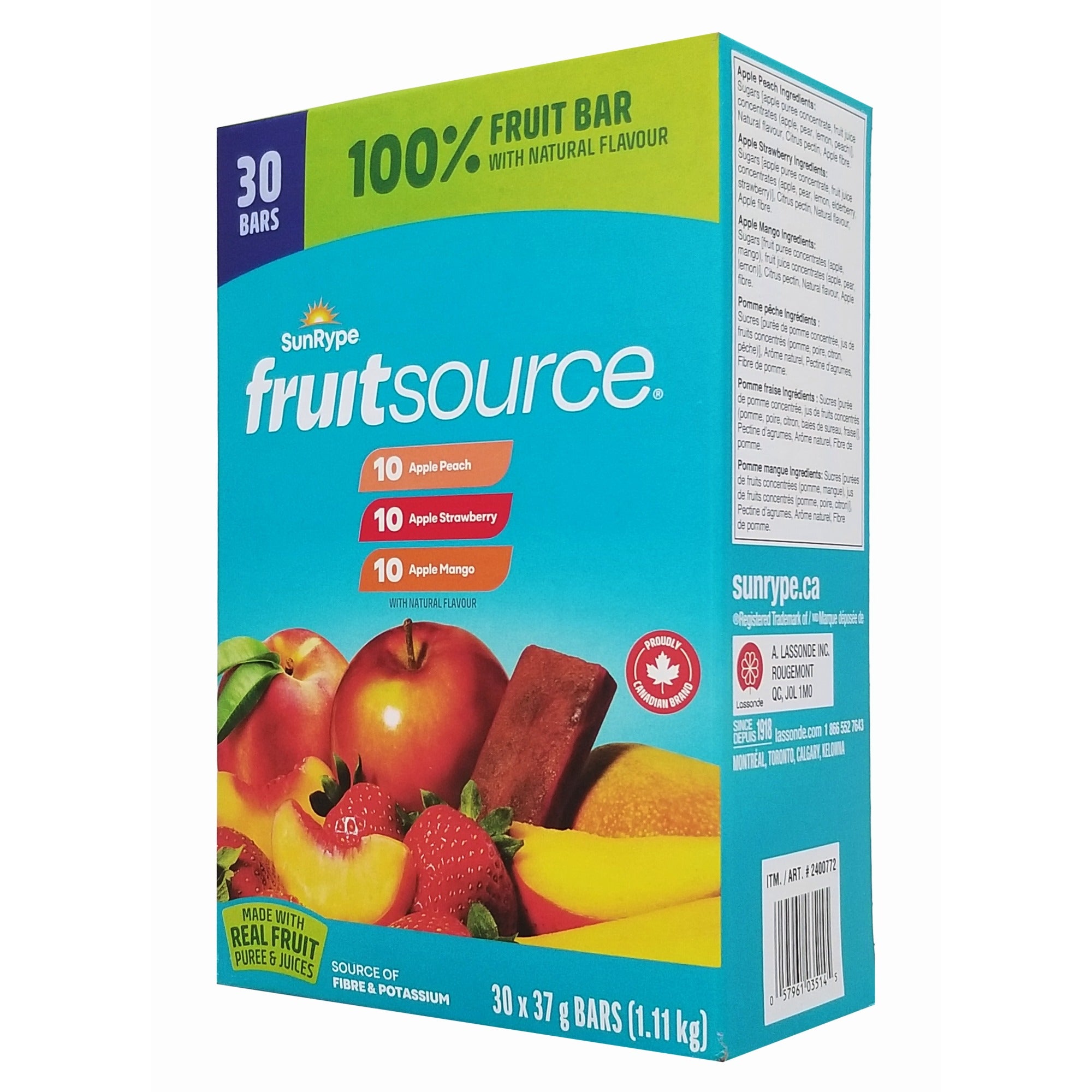 SunRype FruitSource Fruit Bars variety pack 30 bars angle view Canadian-made