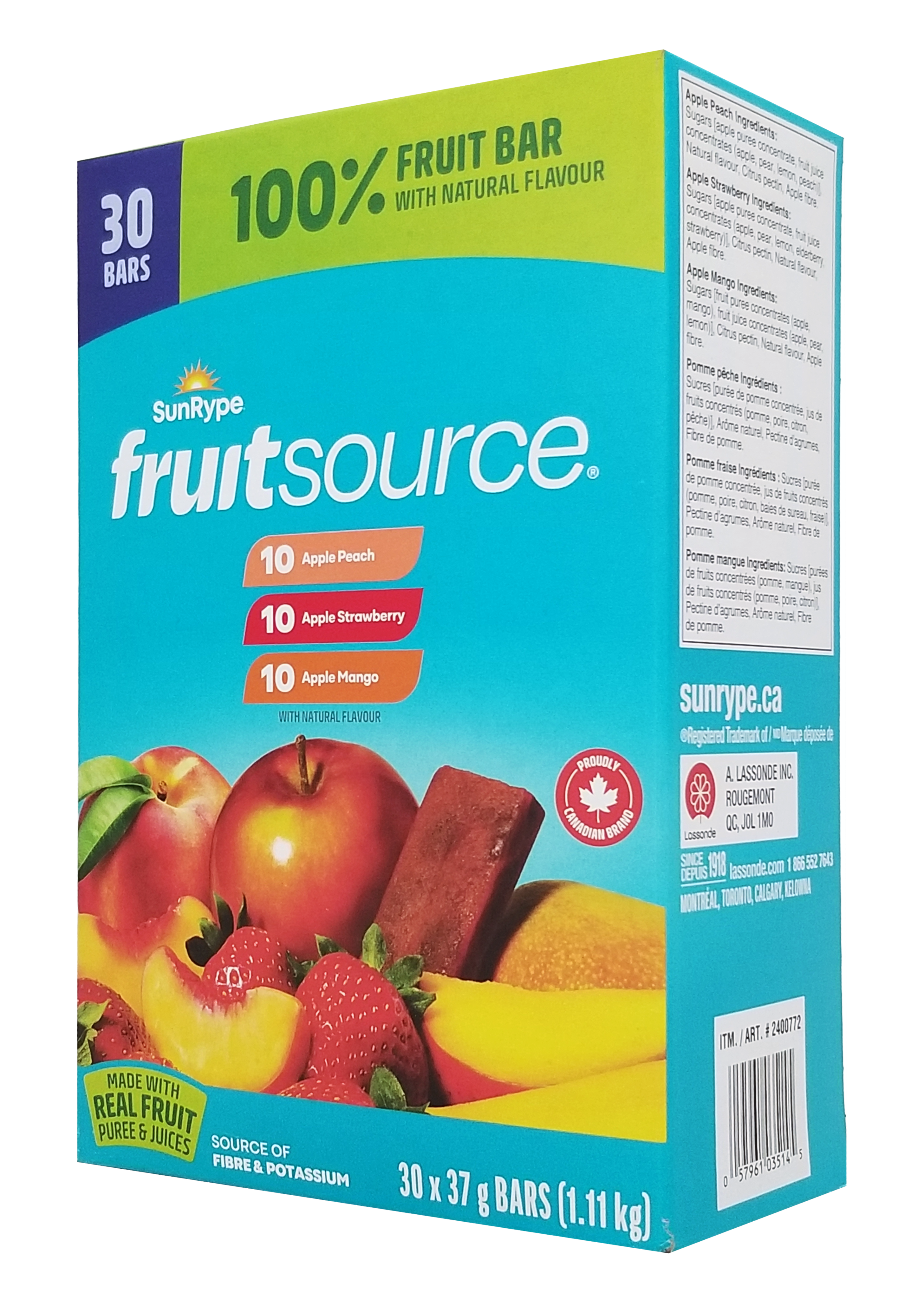 Box of SunRype Fruitsource 100% Fruit Bar,  30ct X 37g Bars, 3 Flavors with colorful design and text.